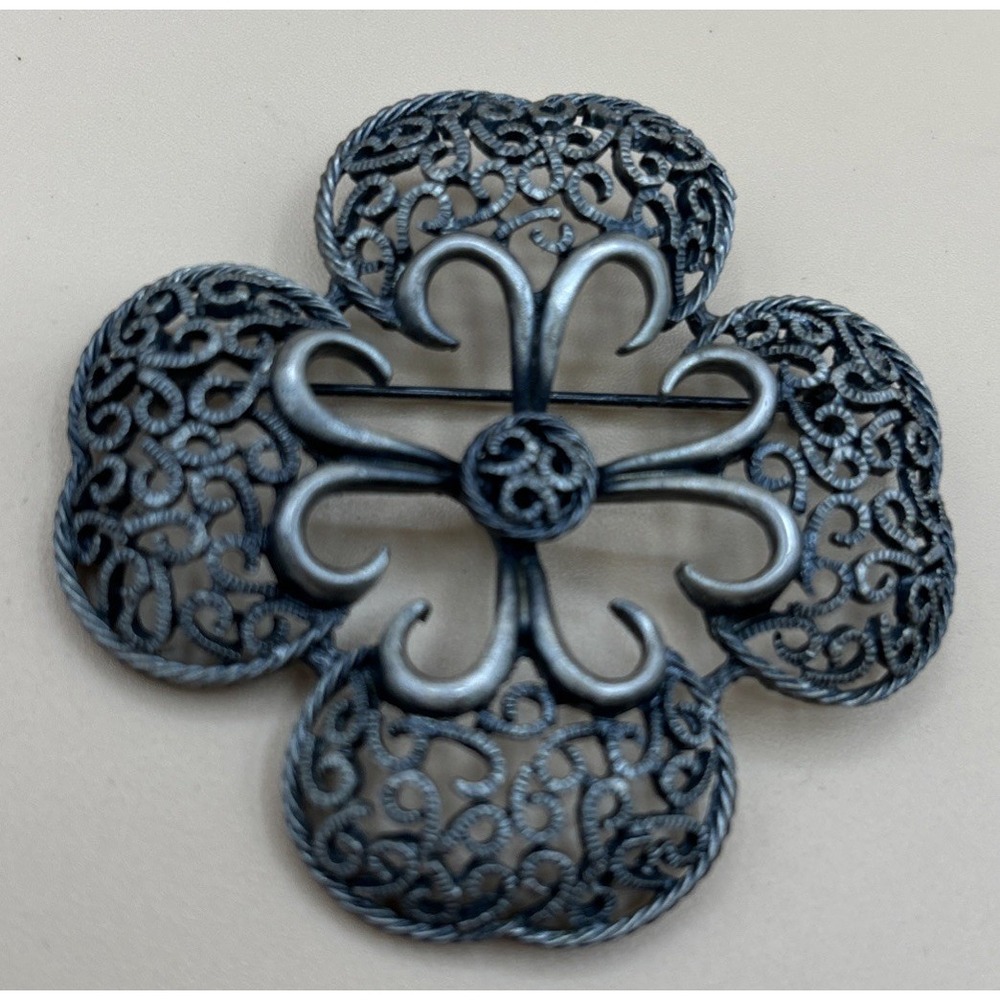 Vintage Silver Tone Filigree Clover Floral Statement Pin Brooch